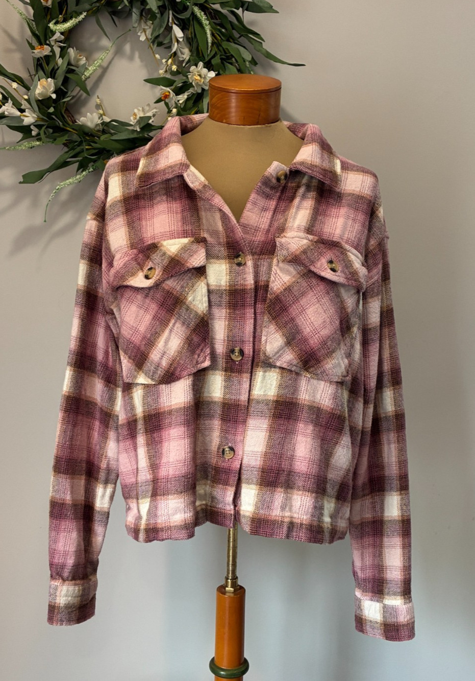 Beach Lunch Lounge Women's Size L Heavy Thick Plaid Flannel Shirt Shacket Pink